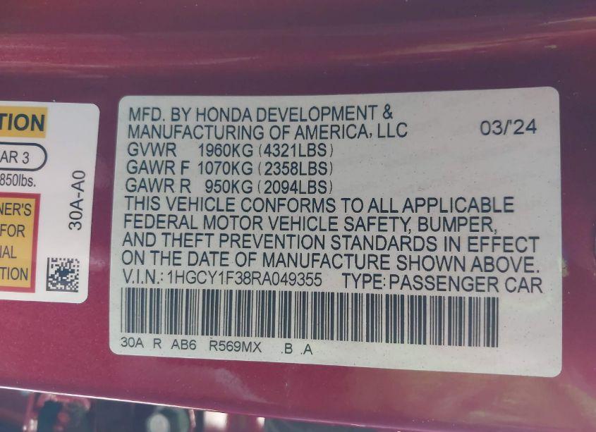 Photo 9 of 2024 Honda Accord EX (VIN 1HGCY1F38RA049355)