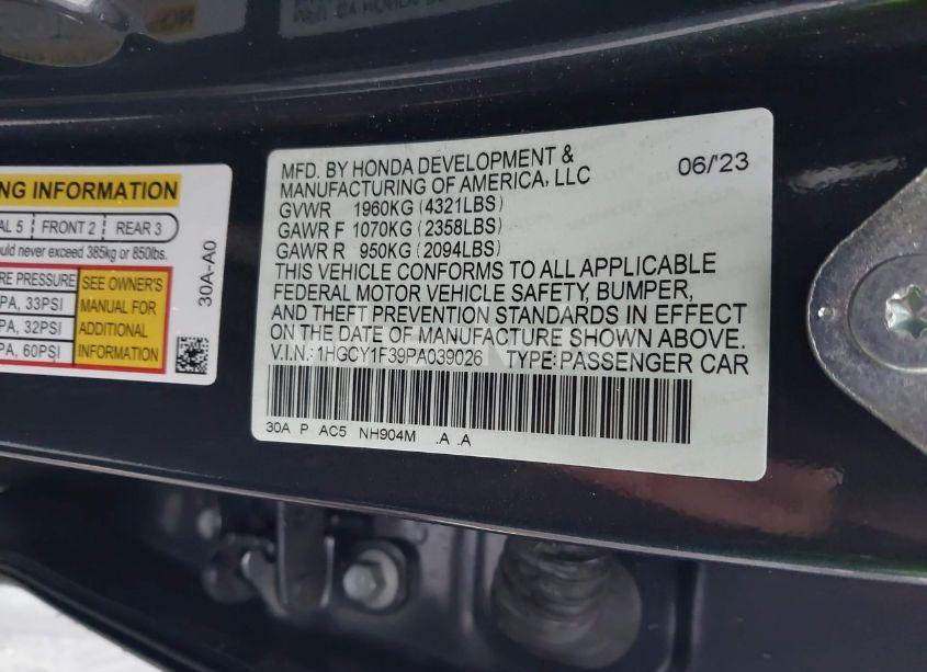 Photo 9 of 2023 Honda Accord EX (VIN 1HGCY1F39PA039026)