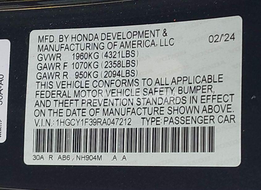 Photo 9 of 2024 Honda Accord EX (VIN 1HGCY1F39RA047212)