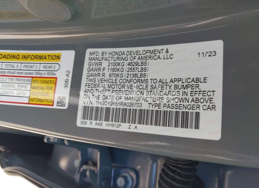 Photo 9 of 2024 Honda Accord HYBRID SPORT (VIN 1HGCY2F51RA026703)