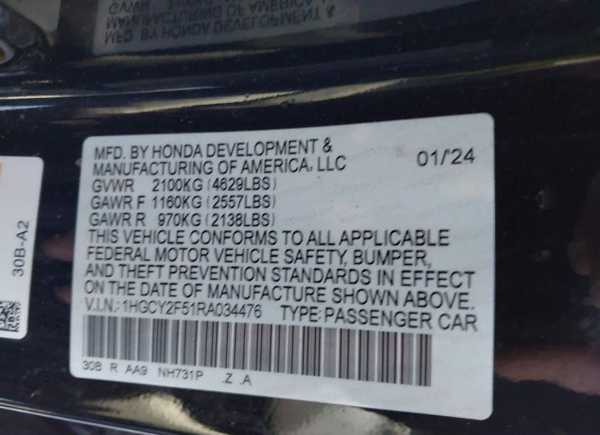 Photo 9 of 2024 Honda Accord HYBRID SPORT (VIN 1HGCY2F51RA034476)