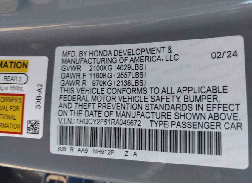 Photo 9 of 2024 Honda Accord HYBRID SPORT (VIN 1HGCY2F51RA045672)