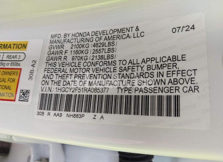 Photo 9 of 2024 Honda Accord HYBRID SPORT (VIN 1HGCY2F51RA085377)
