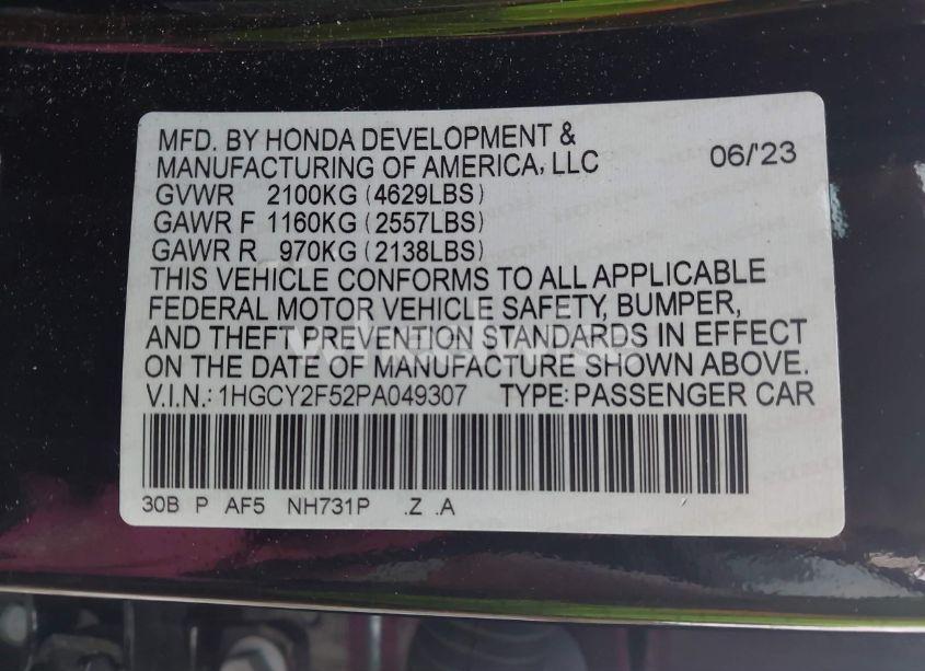 Photo 9 of 2023 Honda Accord HYBRID SPORT (VIN 1HGCY2F52PA049307)