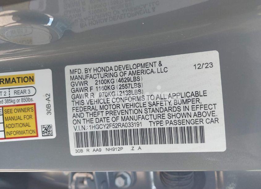 Photo 9 of 2024 Honda Accord HYBRID SPORT (VIN 1HGCY2F52RA033191)