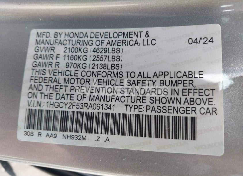 Photo 9 of 2024 Honda Accord HYBRID SPORT (VIN 1HGCY2F53RA061341)