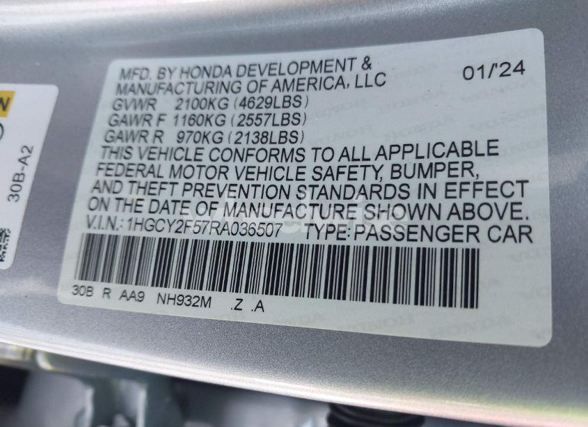 Photo 9 of 2024 Honda Accord HYBRID SPORT (VIN 1HGCY2F57RA036507)