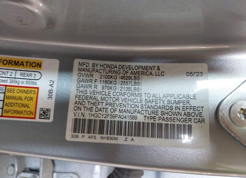 Photo 9 of 2023 Honda Accord HYBRID SPORT (VIN 1HGCY2F59PA041589)