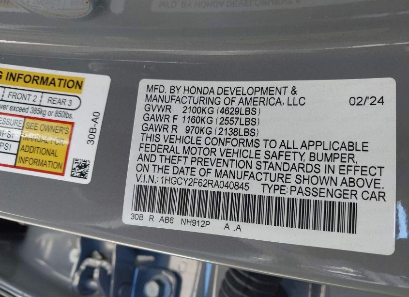 Photo 9 of 2024 Honda Accord HYBRID EX-L (VIN 1HGCY2F62RA040845)