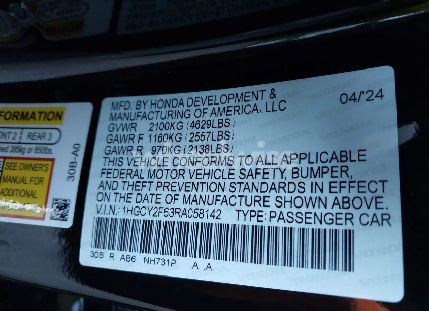 Photo 9 of 2024 Honda Accord HYBRID EX-L (VIN 1HGCY2F63RA058142)