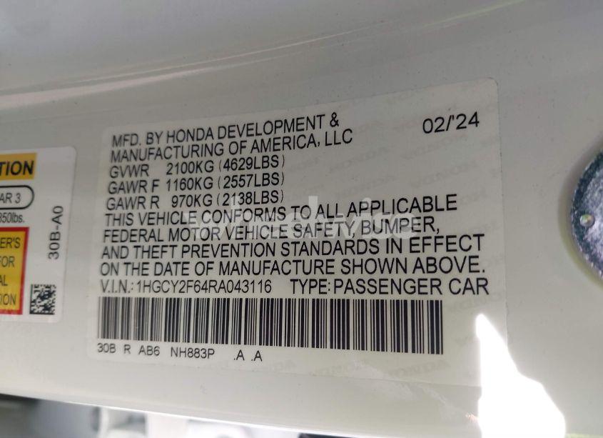 Photo 9 of 2024 Honda Accord HYBRID EX-L (VIN 1HGCY2F64RA043116)