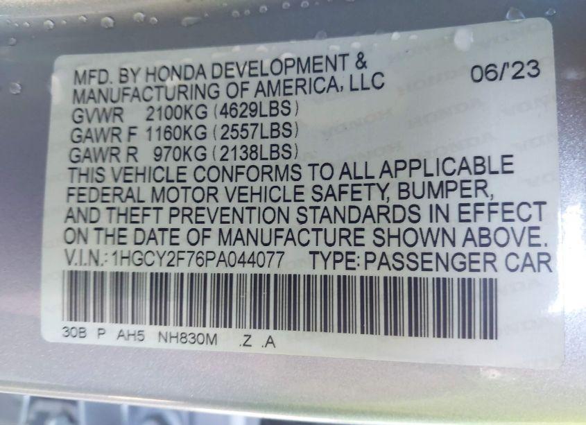 Photo 9 of 2023 Honda Accord HYBRID SPORT-L (VIN 1HGCY2F76PA044077)