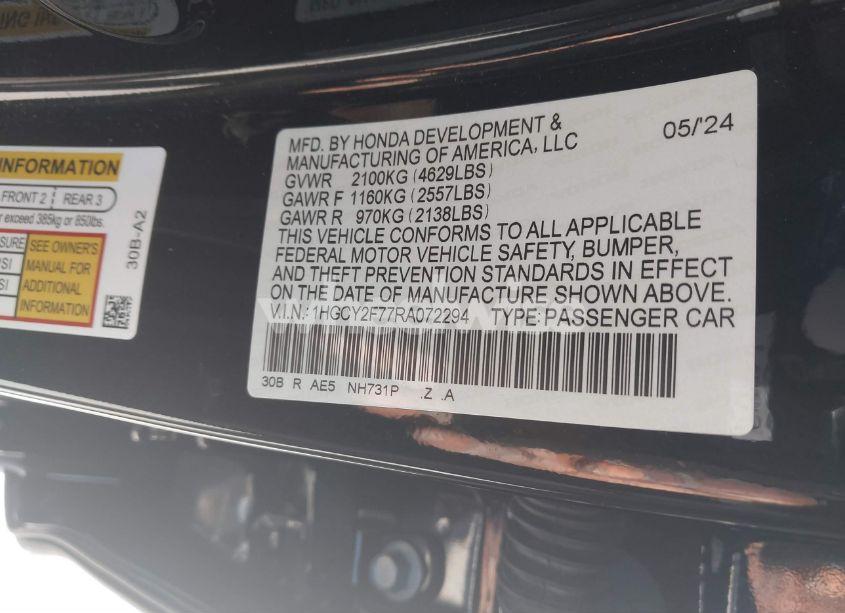 Photo 9 of 2024 Honda Accord HYBRID SPORT-L (VIN 1HGCY2F77RA072294)