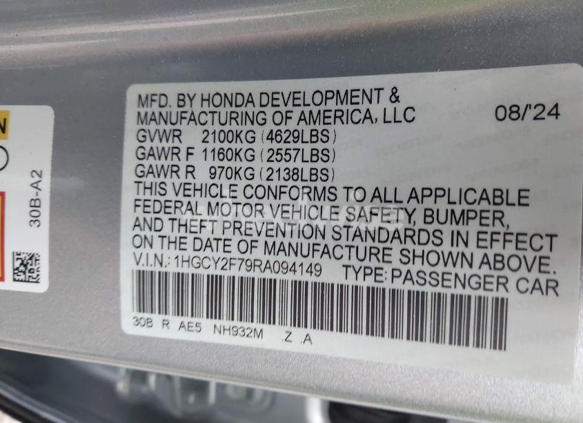 Photo 9 of 2024 Honda Accord HYBRID SPORT-L (VIN 1HGCY2F79RA094149)