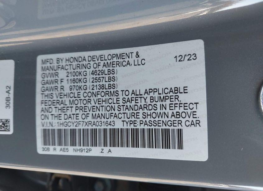 Photo 9 of 2024 Honda Accord HYBRID SPORT-L (VIN 1HGCY2F7XRA031643)