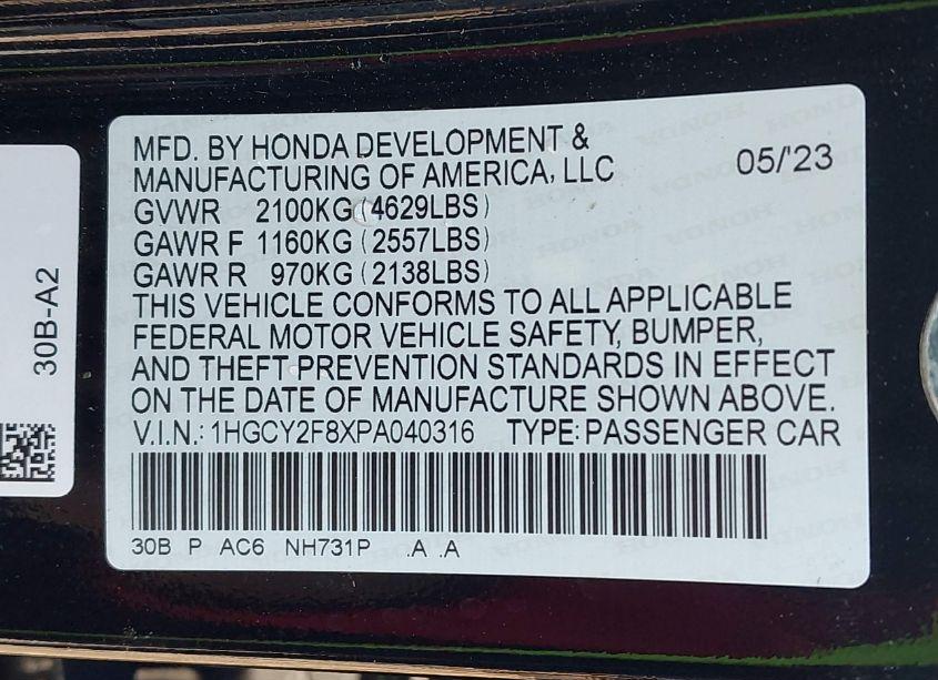 Photo 9 of 2023 Honda Accord HYBRID TOURING (VIN 1HGCY2F8XPA040316)