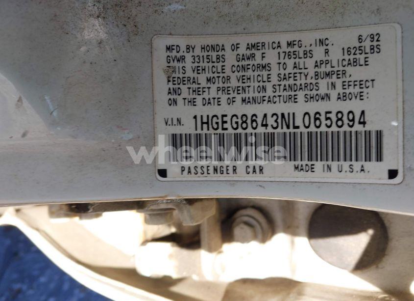 Photo 9 of 1992 Honda Civic DX (VIN 1HGEG8643NL065894)