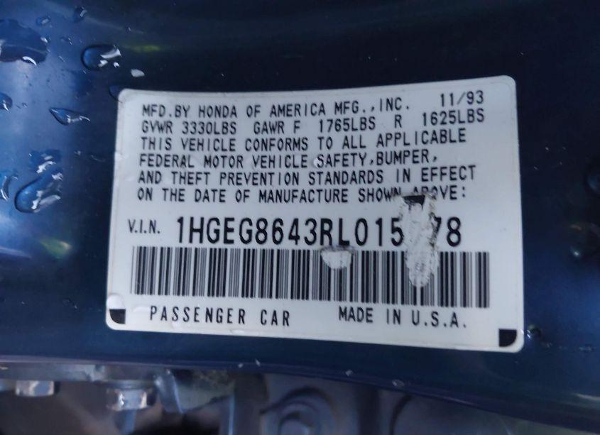 Photo 9 of 1994 Honda Civic DX/LX/SE (VIN 1HGEG8643RL015678)