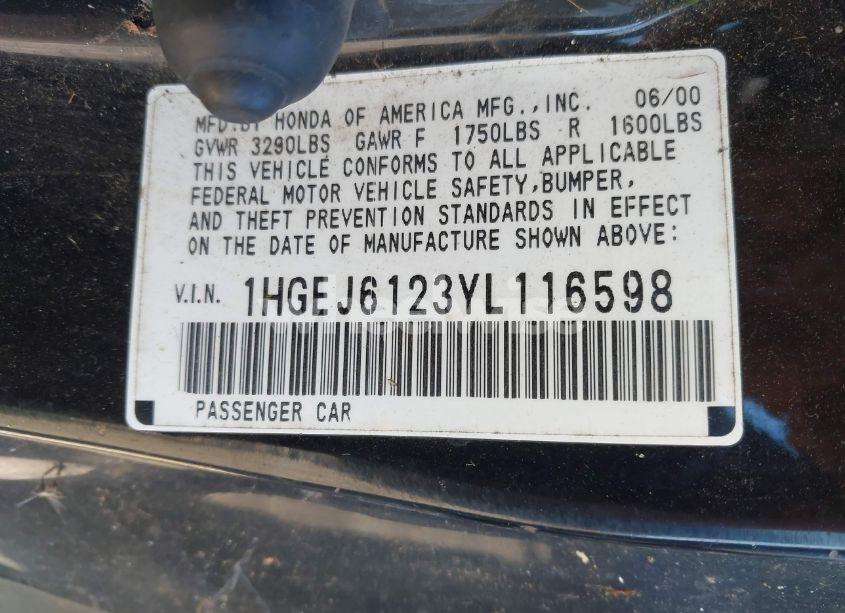 Photo 9 of 2000 Honda Civic DX (VIN 1HGEJ6123YL116598)