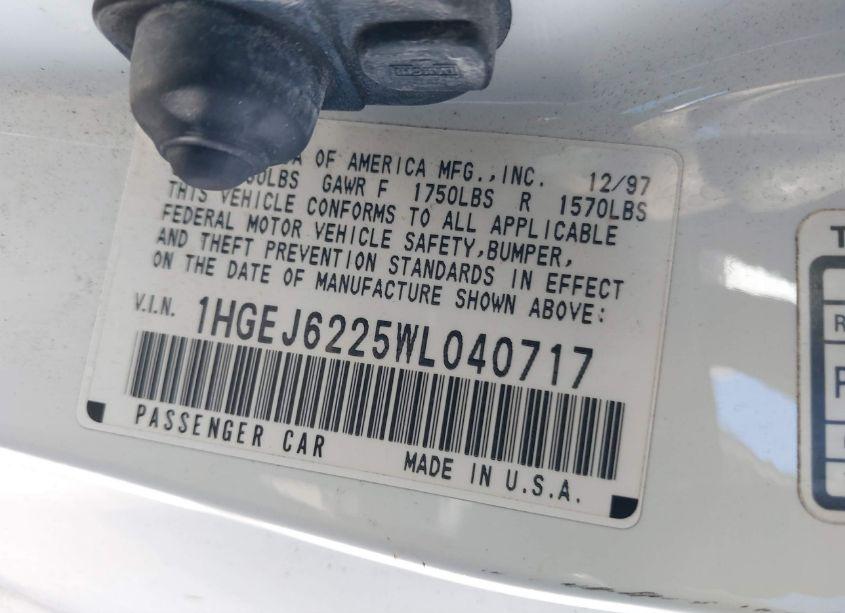 Photo 9 of 1998 Honda Civic DX (VIN 1HGEJ6225WL040717)