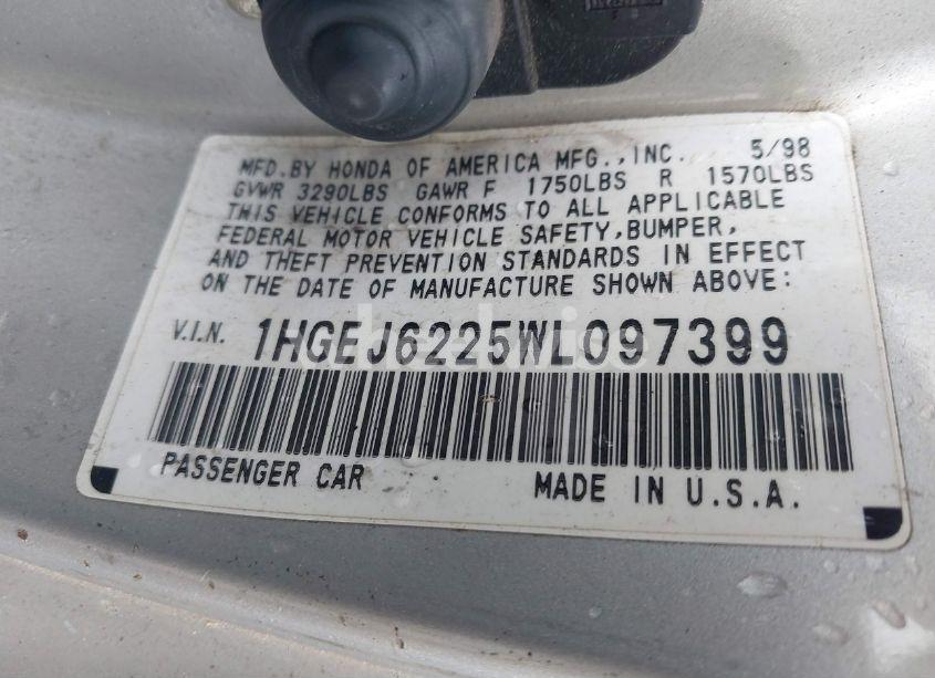 Photo 9 of 1998 Honda Civic DX (VIN 1HGEJ6225WL097399)