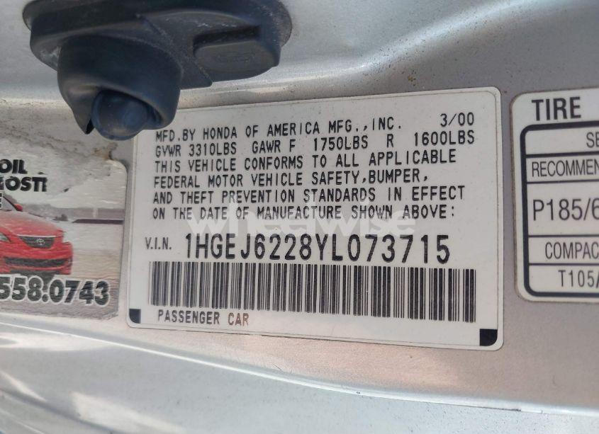 Photo 9 of 2000 Honda Civic DX (VIN 1HGEJ6228YL073715)