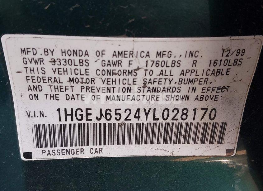 Photo 9 of 2000 Honda Civic DX (VIN 1HGEJ6524YL028170)