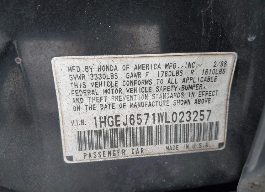 Photo 9 of 1998 Honda Civic LX (VIN 1HGEJ6571WL023257)