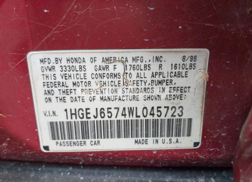 Photo 9 of 1998 Honda Civic LX (VIN 1HGEJ6574WL045723)