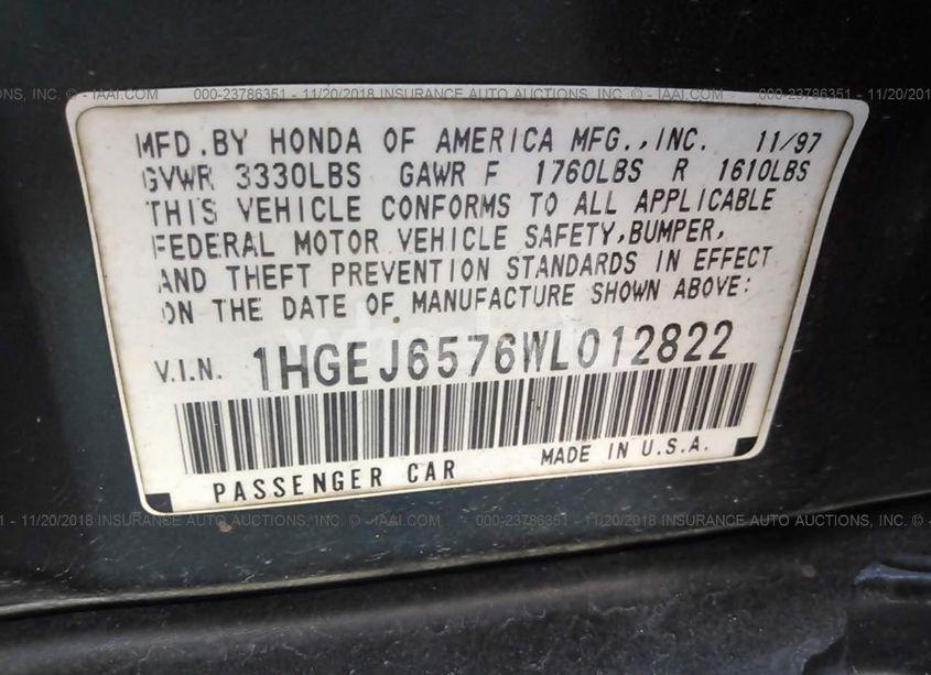 Photo 9 of 1998 Honda Civic LX (VIN 1HGEJ6576WL012822)