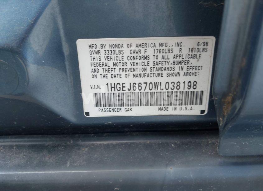 Photo 9 of 1998 Honda Civic LX (VIN 1HGEJ6670WL038198)