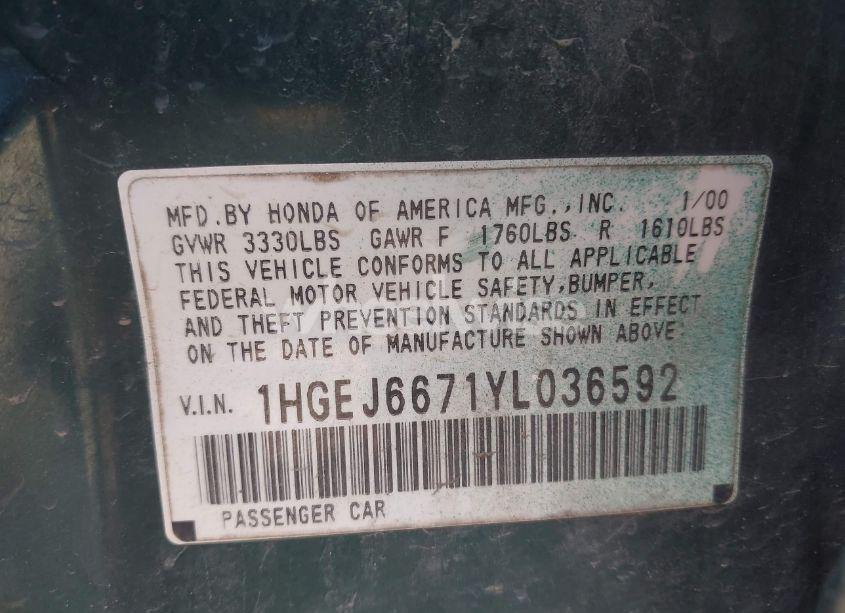 Photo 9 of 2000 Honda Civic LX (VIN 1HGEJ6671YL036592)