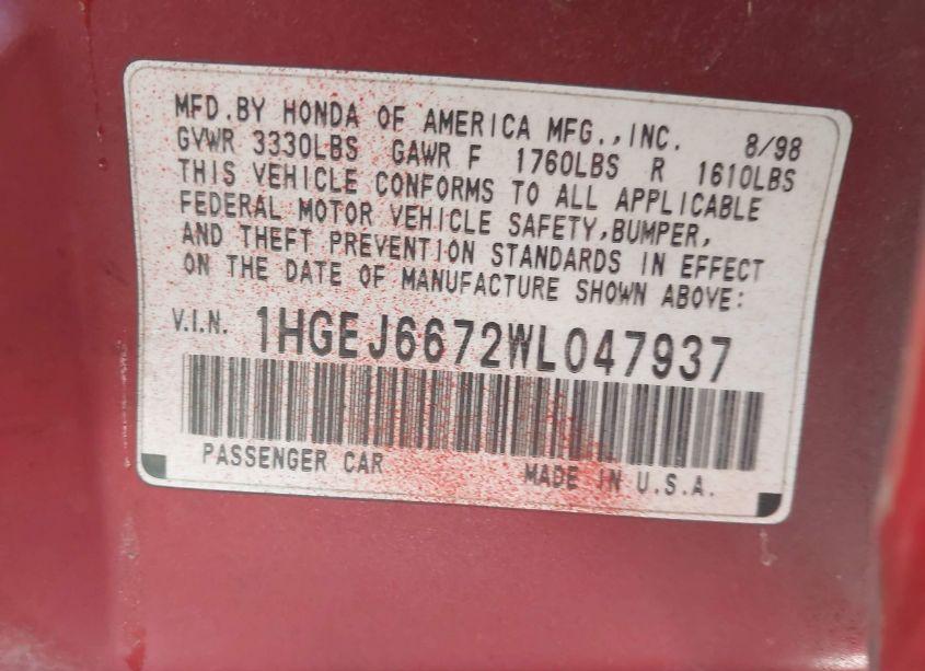 Photo 9 of 1998 Honda Civic LX (VIN 1HGEJ6672WL047937)