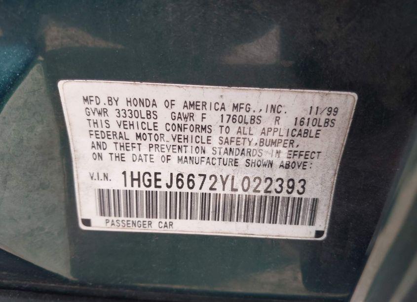 Photo 9 of 2000 Honda Civic LX (VIN 1HGEJ6672YL022393)