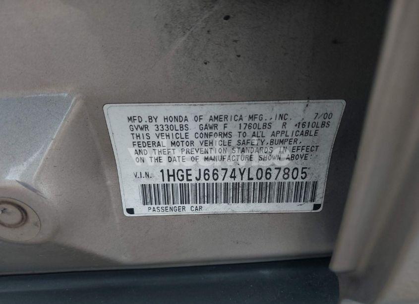 Photo 9 of 2000 Honda Civic LX (VIN 1HGEJ6674YL067805)