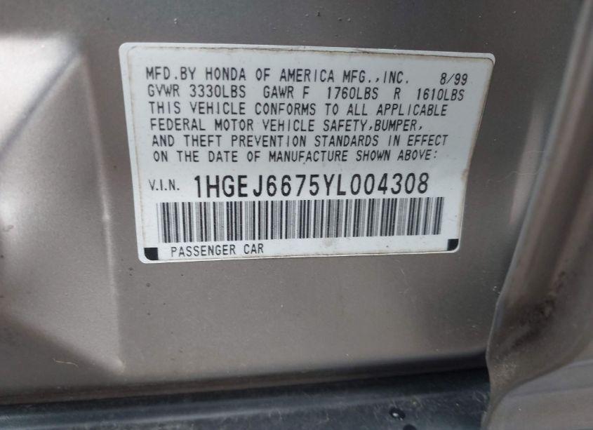 Photo 9 of 2000 Honda Civic LX (VIN 1HGEJ6675YL004308)