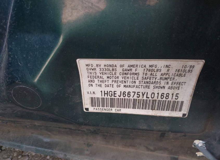 Photo 9 of 2000 Honda Civic LX (VIN 1HGEJ6675YL016815)