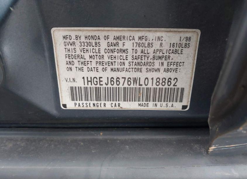 Photo 9 of 1998 Honda Civic LX (VIN 1HGEJ6676WL018862)