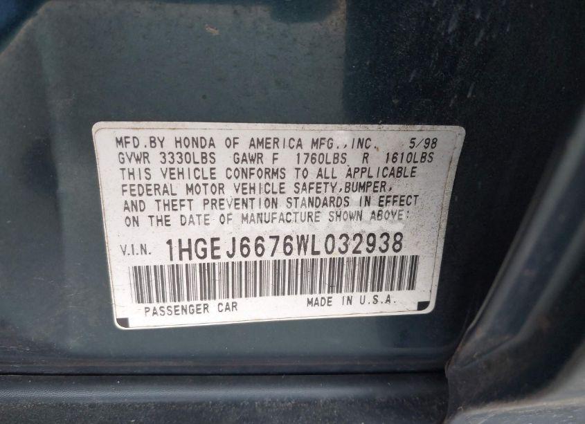 Photo 9 of 1998 Honda Civic LX (VIN 1HGEJ6676WL032938)