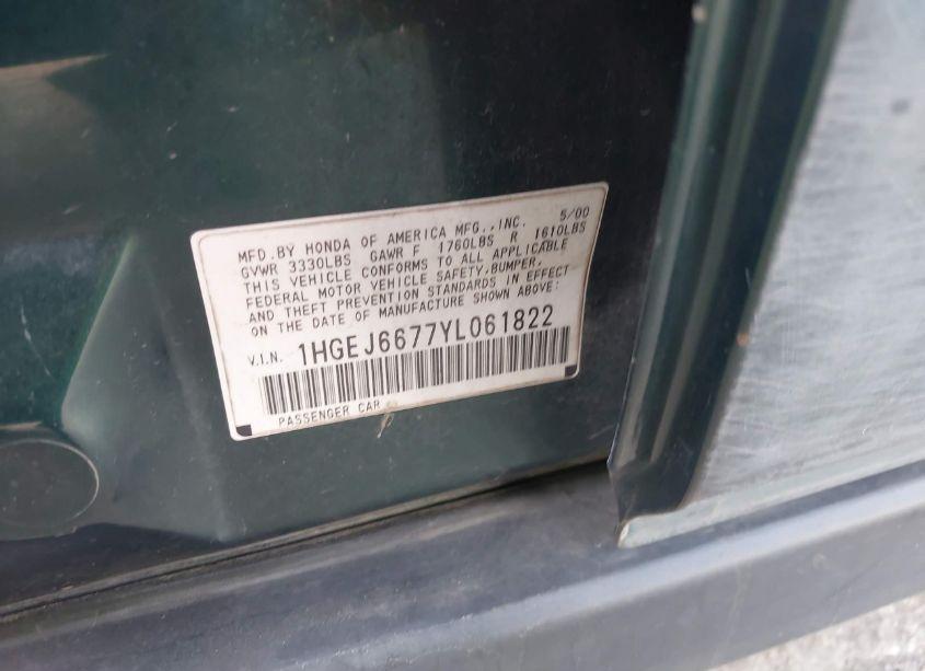 Photo 9 of 2000 Honda Civic LX (VIN 1HGEJ6677YL061822)