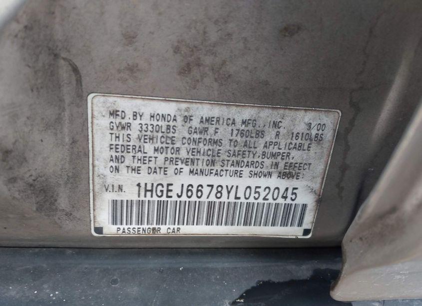 Photo 9 of 2000 Honda Civic LX (VIN 1HGEJ6678YL052045)