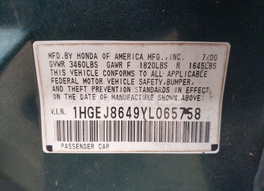 Photo 9 of 2000 Honda Civic EX (VIN 1HGEJ8649YL065758)