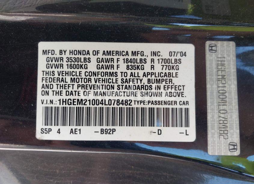 Photo 9 of 2004 Honda Civic EX (VIN 1HGEM21004L078482)