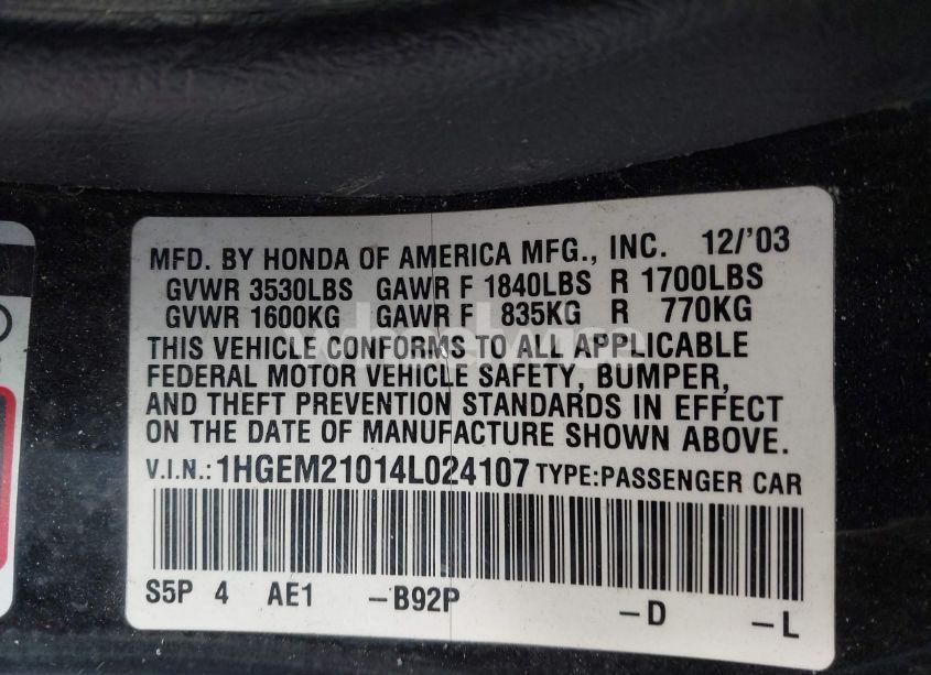 Photo 9 of 2004 Honda Civic EX (VIN 1HGEM21014L024107)