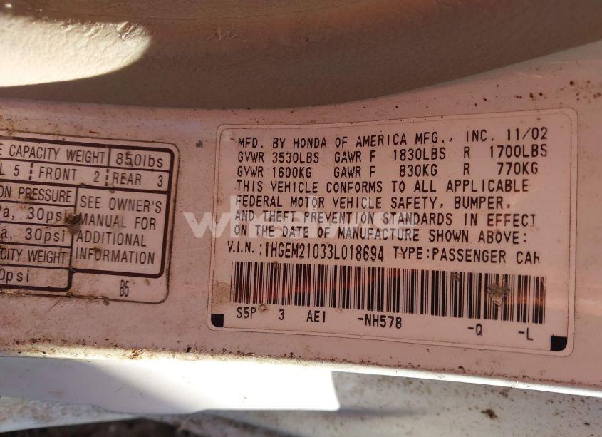 Photo 9 of 2003 Honda Civic EX (VIN 1HGEM21033L018694)