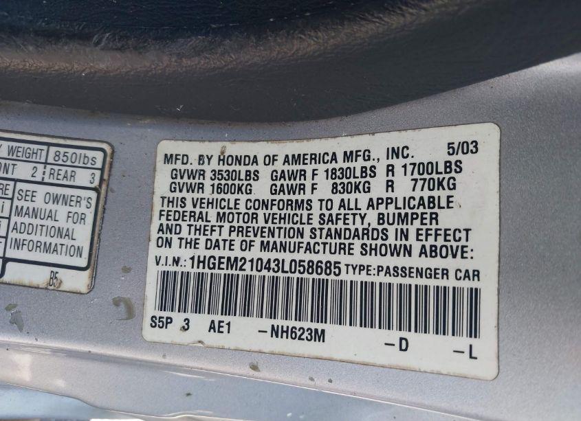 Photo 9 of 2003 Honda Civic EX (VIN 1HGEM21043L058685)