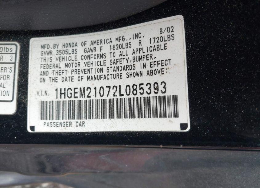Photo 9 of 2002 Honda Civic EX (VIN 1HGEM21072L085393)
