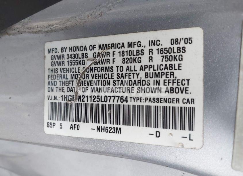 Photo 9 of 2005 Honda Civic VP (VIN 1HGEM21125L077764)