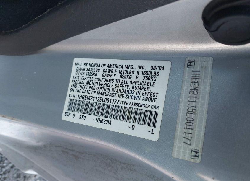 Photo 9 of 2005 Honda Civic VP (VIN 1HGEM21135L001177)