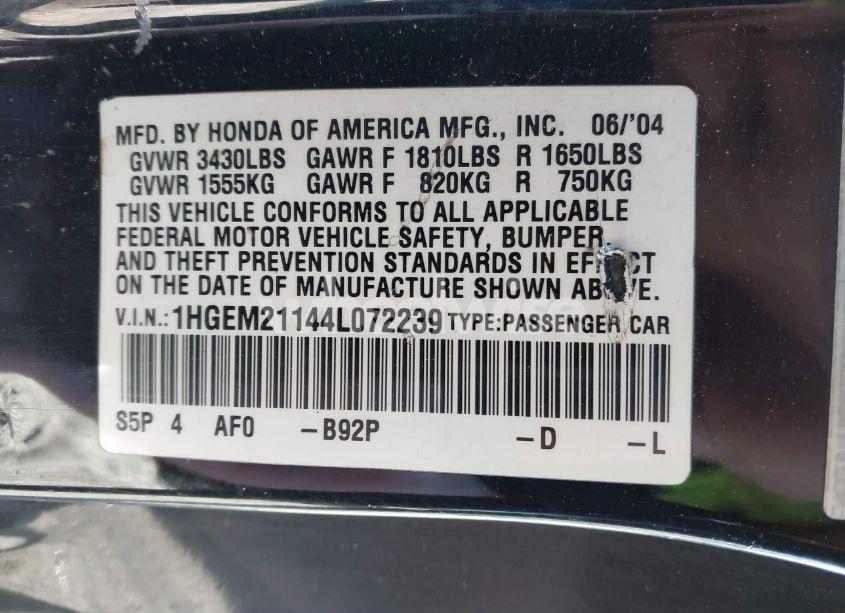 Photo 9 of 2004 Honda Civic VP (VIN 1HGEM21144L072239)